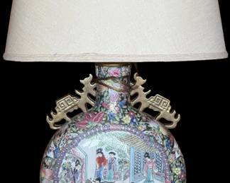 Famille Rose Pillow Lamp with Silk Shade