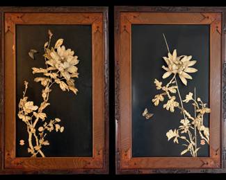 Pair of Lacquer & Carved Bone Relief Framed Wall Art