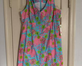 Women's Lily Pulitzer V-Neck Line Pink & Turquoise Print Dress Size 14 (Never Worn / Tagged) 