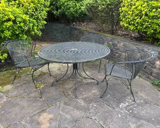 Vintage Woodard "Peony Flower" Wrought Iron Round Patio Table with 3 Chairs