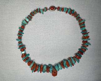 Sterling Silver, Turquoise & Red Coral Necklace