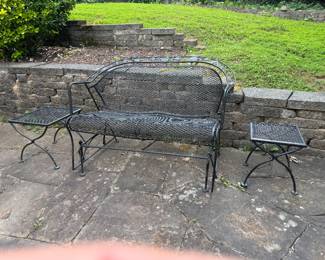 Vintage Woodard "Peony Flower" Wrought Iron Glider with Matching Side Tables