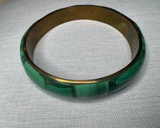 VIntage Green Malachite Stone Inlay Heavy Brass Bangle