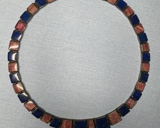 970 Sterling Silver, Lapis & Amber Necklace