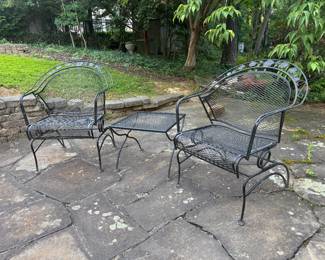 Vintage Woodard "Peony Flower" Wrought Iron Barrel Chair Rockers with Side Table 