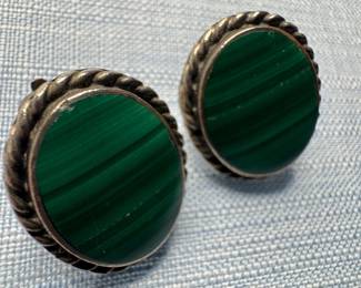 970 Sterling Silver & Malachite Clip Earrings