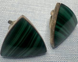 970 Sterling Silver & Malachite Triangular Earrings