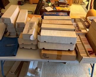 huge collection of baseball, basketball and football trading cards, mostly 80s and 90s era--yes, all of these boxes are filled with trading cards, literally thousands, too many to go through so they will be sold by weight