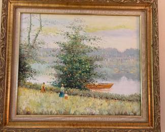 very pretty Impressionist style original oil painting, landscape with a boat on a river, signed Andre Gallard