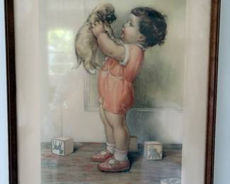 cute framed offset lithograph of a child and a puppy
