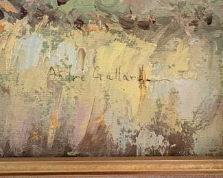 very pretty Impressionist style original oil painting, landscape with a boat on a river, signed Andre Gallard