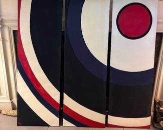 1970s abstract triptych in red, white, black and blue, signed, by Diane Barkley
