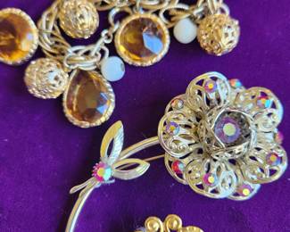 Brilliant Bracelet. Vintage Brooch. Signed Butterfly Pin. 