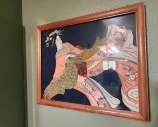 Japanese Framed Oshie on Kimono Fabric. 