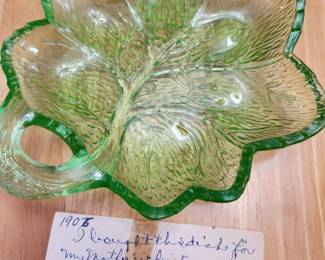 1906 Note goes along with this Green Pressed Vintage Dish. 