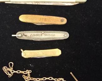 Sterling, mother of pearl and Gold pocketknife's and t handle watch fobs