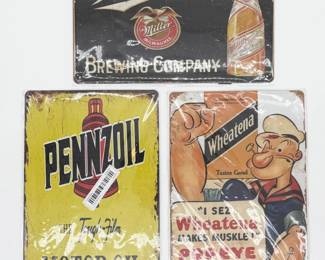 97 Setof3TinAdvertisingSignsMillerPennzoilPopeyeremakes