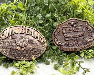 30 Setof2VintageBrassWhiskeyBrandBeltBucklesJimBeamKessler