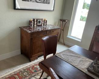 Belgian Art Deco Dining Room Sideboard with red and white marble top.  Transition period piece from art nouveau to art deco, beautiful floral carving, original bakelite drawer pulls.  