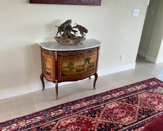 Spanish Bar Table, marble top with gold gilding, painted scenes, rococo style with ornate legs and exquisite curves. 