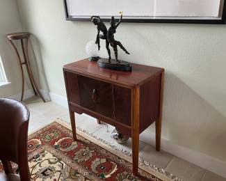 American made Art Deco Bar Table and cabinet from the 1920's, originally from NYC.  Bakelite handle and multiple wood veneers.