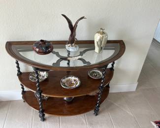 Glass Topped Side display Table, 'twisted' wood legs features with walnut shelves.
