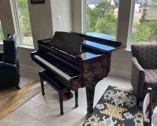 August Hoffman Baby Grand, just tuned, polished mahogany, incredible sound, leather topped music bench and pedal covers.  5'3" L x 4'10" W.