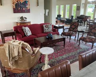 Living Room Suite, bassett coffee table and 2 side tables with drawers, fabulous red upholstered couch and Gold-silk 'dragonfly' italian chair, Italian Carrera marble pedestal table too, and 2 Spanish-style arm chairs with custom upholstery. 