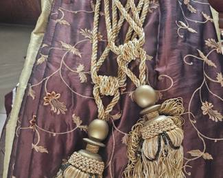 Custom long 7' plus Italian silk curtain panels (2), gold embroidery on chocolate brown, with coordinating tiebacks.