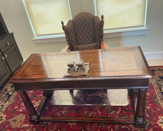 Beautiful heavy wood office desk, completely refurbished and re-upholstered English office chair from late 1800's / early 1900's. 