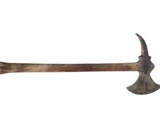 487 - Antique Fireman's Axe 32"x13"x8" (Description): Antique fireman's axe featuring a traditional design with a curved pick on one side and a broad blade on the other. The axe is mounted on a wooden handle showing aged patina consistent with its antique status. Measures 32 inches by 13 inches by 8 inches.