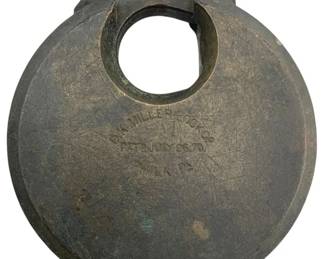 666 - DK Miller Lock Co Padlock w/o Key (Description): DK Miller Lock Co padlock, without key. Measures 2.5 x 2.25 inches.