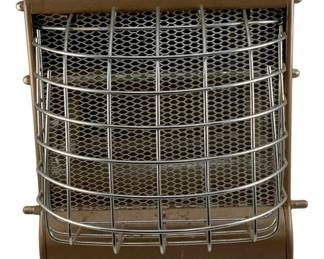 970 - Sears Electric Heater 15"x9.5"x10.5" (Description): Sears electric heater featuring a wire safety guard over the heating element, carry handle on top, and front-mounted controls including heat settings and thermostat dial. Measures 15 inches tall by 9.5 inches wide by 10.5 inches deep. Used as is electric/electronic/mechanical item. No guarantee all components, untested.