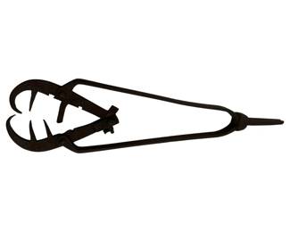 702 - Antique Hand Forged Tongs 11"x4" (Description): Antique hand forged tongs featuring a distinctive design with decorative open work at the grip end. These blacksmith-crafted tongs measure 11 inches by 4 inches.