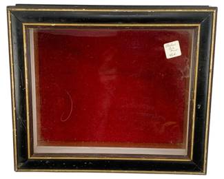 983 - Vintage Display Case 4.5"x13"x11" (Description): Vintage display case featuring a black frame with gold trim accents and red velvet backing. The case includes a glass front for viewing. Measures 4 1/2" x 13" x 11".