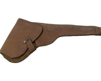 630 - Vtg Leather Gun Holster 12"x6.25" (Description): Vintage leather gun holster featuring a classic design with a flap closure and strap. The holster measures 12 inches by 6.25 inches.