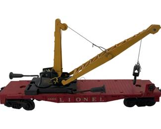 242 - 1958 Lionel 6660 Post War Boom Car (Description): with red flatcar base and yellow crane boom