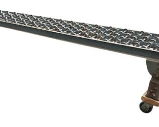 443 - Metal Conveyor Belt w/ Wheels (Description): Metal conveyor belt with wheels. Measures 21.5 inches wide by 121 inches long by 19 inches high.