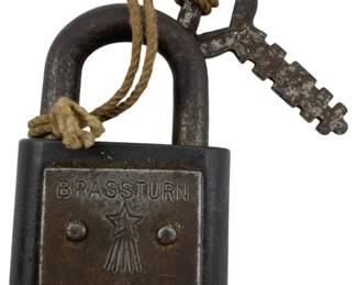 644 - Brass Turn Germany Padlock w/Key 3"x2" (Description): Brass Turn Germany padlock with key. The lock features embossed branding on the front face with a star design. Measures 3 inches by 2 inches.