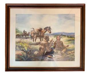 35 - Native American Hunting Scene Framed Print (Description): Native American picture in frame depicting a hunting scene with indigenous figures and elk in a natural landscape setting. The artwork features watercolor-style imagery with earthy tones and is professionally matted in cream and presented in a darkwood frame. Measures 30"x35".