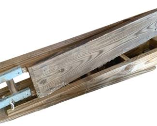 395 - Set of 2 Homemade Wood Ramps 7"x60"x9" (Description): Set of two homemade wood ramps constructed from natural wood planks with metal bracket reinforcements. Each ramp measures 7 inches wide by 60 inches long by 9 inches high.