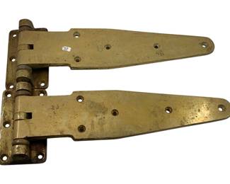 952 - 2pc. Set Large Brass Hinges 16"x5.5" (Description): A set of two large brass hinges measuring 16 inches by 5.5 inches. These substantial hardware pieces feature a classic strap hinge design with multiple mounting holes and sturdy pin barrels.
