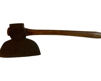 1053 - Antique Broad Axe w/ Wood Handle 26"x9"x10.5" (Description): Antique iron axe featuring a broad, curved blade with a traditional hatchet-style head mounted on a wooden handle. The iron head shows an aged patina consistent with age and use, while the hardwood handle displays a warm, worn finish. Measures 26" x9" x 10.5".