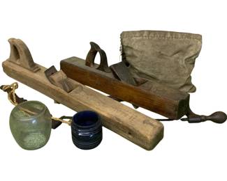 1141 - Lot of Antique Tools and Decorative Items (Description): A collection of antique items including two vintage wooden hand planes of different sizes, a canvas bag or pouch and more.