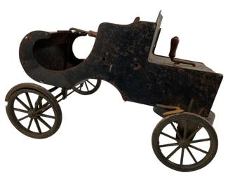 736 - ACME Curved Dash Oldsmobile Toy Car (Description): ACME Curved Dash Oldsmobile toy car with damage to wheel. Measures 6.5 inches by 10 inches by 5 inches.