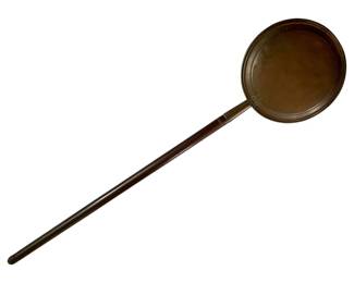 42 - Vintage Copper & Brass Bed Warming Pan (Description): Vintage copper and brass bed warming pan featuring a round copper pan head with a long turned wooden handle. The pan shows a rich, warm patina consistent with age. Measures 4" x 52" x 11".