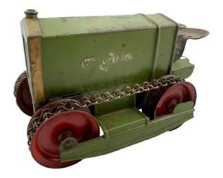 14 - Structo Little Jim Windup Tractor (Description): Structo "Little Jim" windup tractor featuring a green painted tin body with red wheels and metal chain tracks. This vintage toy tractor retains its original paint with wear consistent with age and play. Measures 4" x 7" x 3.5". Used as is electric/electronic/mechanical item. No guarantee all components, untested.