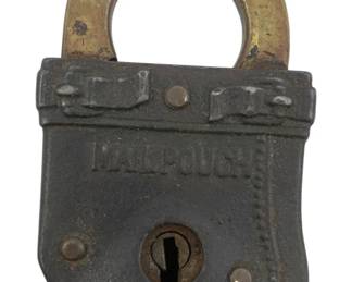 659 - Mailpouch Padlock w/o Key 3"x2" (Description): Mailpouch padlock without key. This antique iron padlock features a brass shackle and is marked with the Mailpouch name on the front. Measures 3 inches by 2 inches.