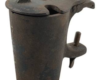 779 - Vintage Fireplace Casting Tool (Description): Vintage fireplace casting tool featuring a cylindrical body with a hinged lid and adjustable clamp mechanism. Measures 4 1/5 inches by 4 1/2 inches by 3 inches.