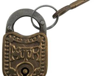 654 - Motor Padlock w/ Key 2.25"x1.25" (Description): Vintage Motor padlock with original key. The lock features an ornate decorative design with a beaded border and stylized lettering. Measures 2.25" x 1.25".